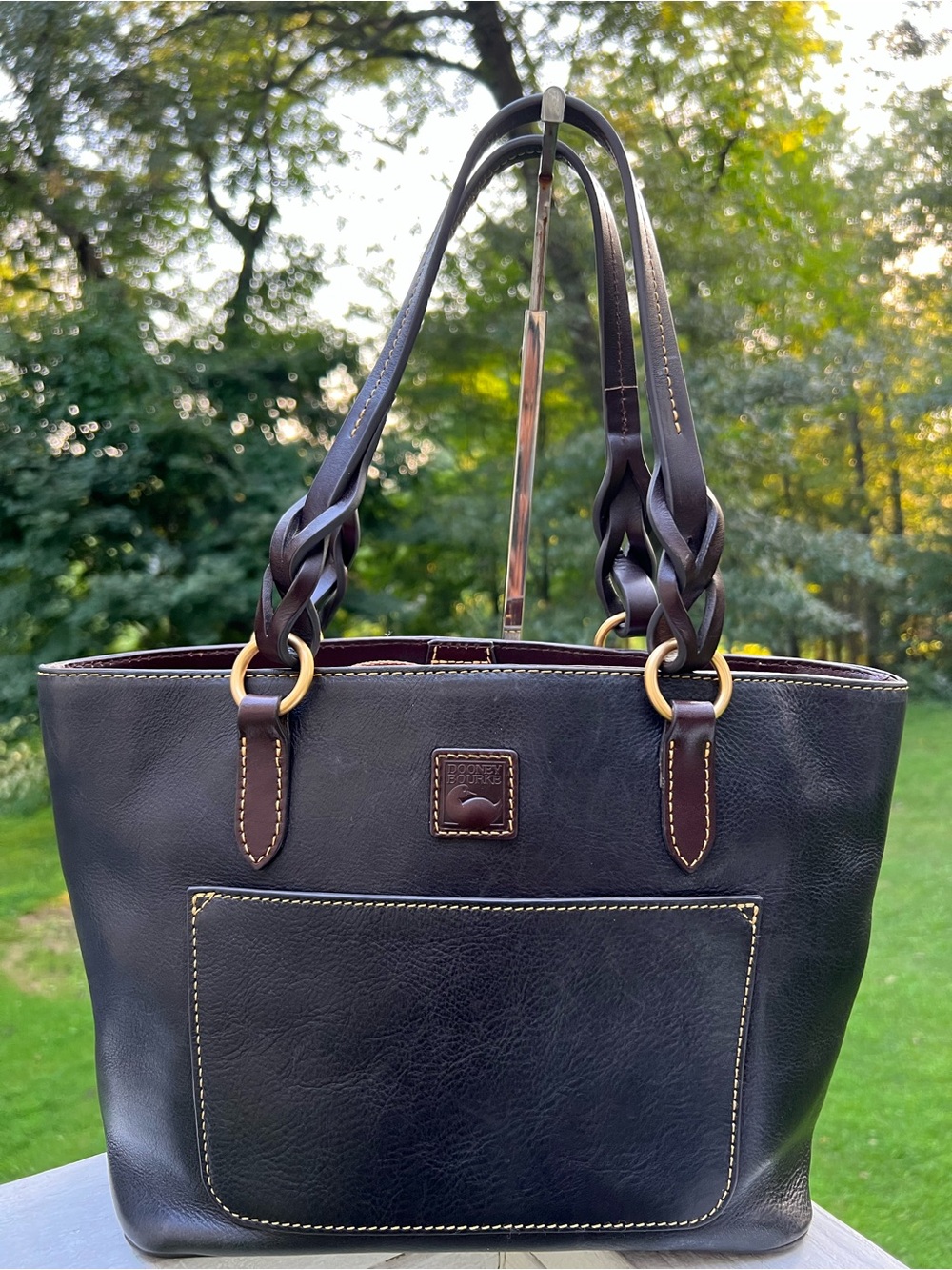 DOONEY AND BOURKE BLACK FLORENTINE LEATHER SMALL GRETCHEN TOTE BAG,